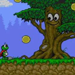 Colorful 2D platformer featuring a cute frog character collecting coins in a vibrant forest setting.
