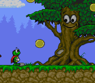 Colorful 2D platformer featuring a cute frog character collecting coins in a vibrant forest setting.