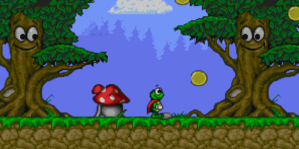 Colorful 2D platformer featuring a cute frog character collecting coins in a vibrant forest setting.