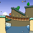 Jumping Mario character navigating platform with coins and snowy terrain in Mario game.