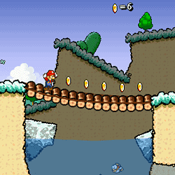 Coin collecting adventure game with Mario in a snowy landscape.