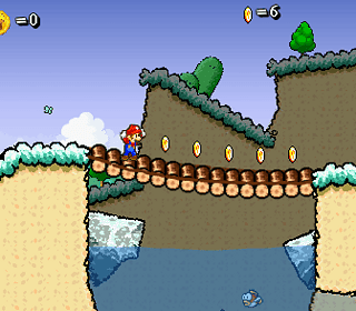 Coin collecting adventure game with Mario in a snowy landscape.