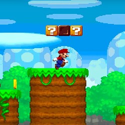סצינת משחק Super Mario Bros. עם מריו קופץ מעל פלטפורמות ואויבים.