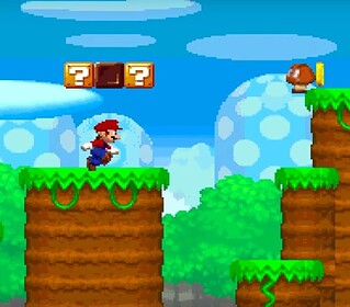 Super Mario Bros. game scene with Mario jumping over platforms and enemies.