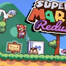 Bird perched on tree with Super Mario World icon in the background, showcasing classic pixel art.