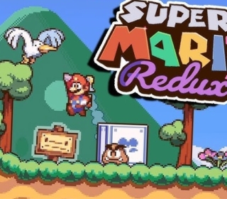 Bird perched on tree with Super Mario World icon in the background, showcasing classic pixel art.