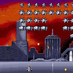 Alien Invaders classic arcade game screenshot with pixel art graphics and cityscape background.