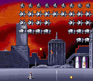 Alien Invaders classic arcade game screenshot with pixel art graphics and cityscape background.