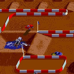 Retro pixelated car racing game on dirt track with jumps and obstacles.