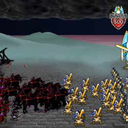 - Epic medieval knight battle against dark monster army in a fantasy game scene.