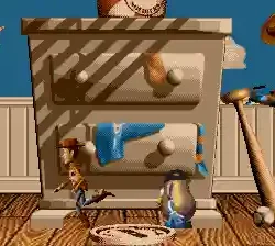 Colorful cartoon kids playing hide and seek game with a wooden cabinet setup.