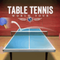 Blue and red table tennis paddles with a ball in motion on a court.