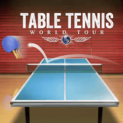 Blue and red table tennis paddles hitting a ball on a table tennis table in a sports hall.