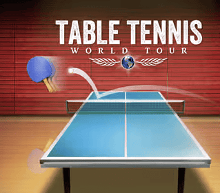 Blue and red table tennis paddles hitting a ball on a table tennis table in a sports hall.