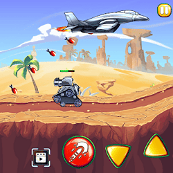 Explosive tank battle game with missile attacks and desert landscape.