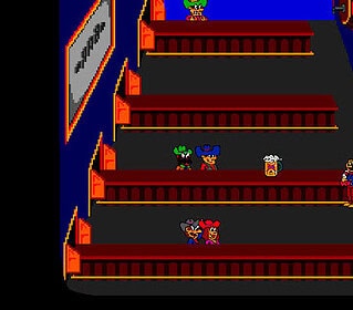 Arcade game scene from Super Mario Bros. featuring characters and game elements.