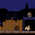 Old-school pixel art cityscape at night with dog character and garage, inspired by retro video games.