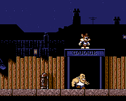 Old-school pixel art cityscape at night with dog character and garage, inspired by retro video games.