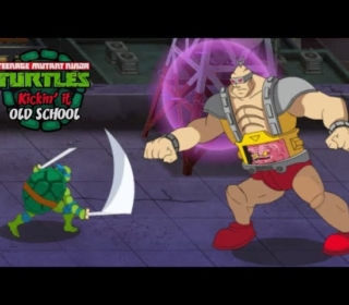 Teenage Mutant Ninja Turtles Kickin' It Old School game featuring Leonardo vs. Bebop.