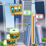 Colorful skyscraper building blocks game with city skyline background.