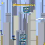1. Falling from skyscrapers in a cityscape, avoiding windows in a challenging arcade game.