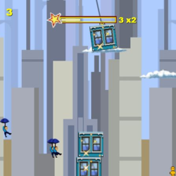 Sky Jump game screenshot showcasing a high-rise cityscape and character jumps.
