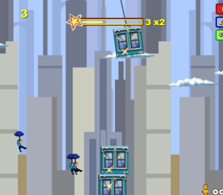 Sky Jump game screenshot showcasing a high-rise cityscape and character jumps.