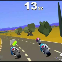High-Speed Motorcycle Racing Game on a Curvy Road with Green Landscape, Bright Sky.