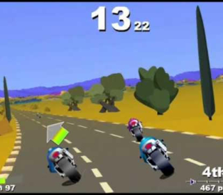 High-Speed Motorcycle Racing Game on a Curvy Road with Green Landscape, Bright Sky.