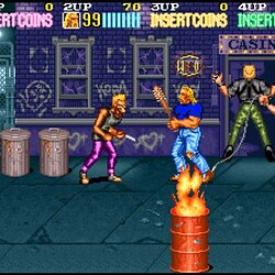 Street Fighter II arcade game scene with characters fighting outside a casino.
