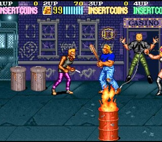 Street Fighter II arcade game scene with characters fighting outside a casino.