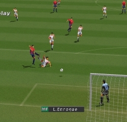 Action-packed soccer match with players contesting the ball on a vibrant green field.