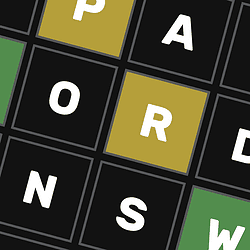 Image of Wordle game tiles showing letter guesses and results.