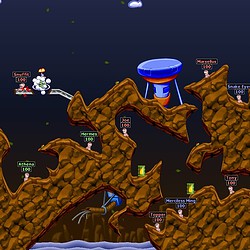 Multiplayer Worms game with colorful characters and terrain.