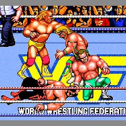 Vintage wrestling arcade game with colorful pixel art and dynamic action scenes.