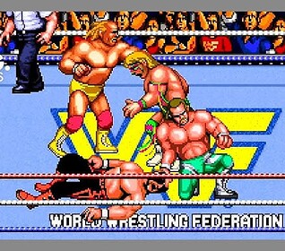 Vintage wrestling arcade game with colorful pixel art and dynamic action scenes.