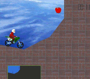 Pixel art of a cyclist riding a bike near water with an apple above.