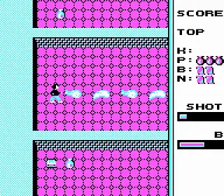 Screenshot of a retro space shooter game with pixel art graphics and score display.