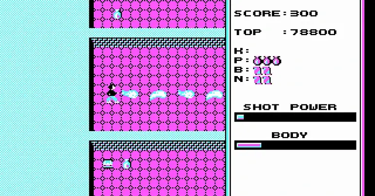 Screenshot of a retro space shooter game with pixel art graphics and score display.
