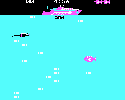 Deep Sea Fishing game underwater scene with fishing boat and fish.