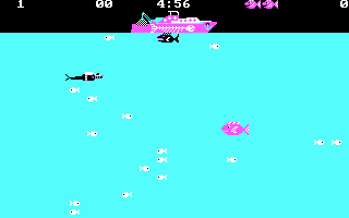 Deep Sea Fishing game underwater scene with fishing boat and fish.