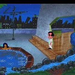 Pixel art scene of a city at night with a pool and a character.