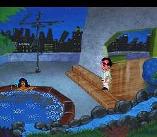 Pixel art scene of a city at night with a pool and a character.