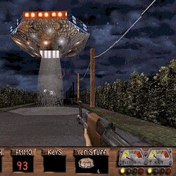 UFO hovering over a rural road in a vintage video game scene.