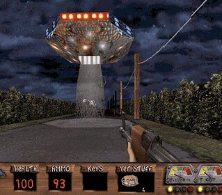 UFO hovering over a rural road in a vintage video game scene.