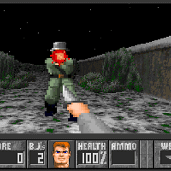 Screenshot of Doom with pixelated graphics and a monster enemy.