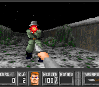 Screenshot of Doom with pixelated graphics and a monster enemy.