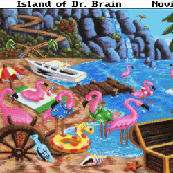 Colorful island scene from Island of Dr. Brain game with flamingos and boat.
