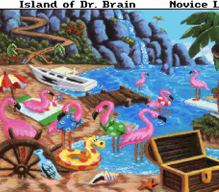 Colorful island scene from Island of Dr. Brain game with flamingos and boat.